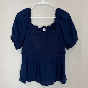 Old Navy Chambray Top Women's M Blue Lyocell Smocked Puff Sleeve Casual